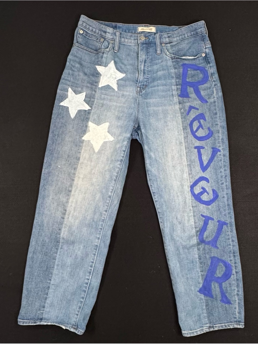 Madewell Light Blue Straight Jeans with White Stars and Blue Lettering